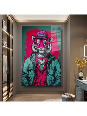 idora Şapkalı Şehirli Kaplan Portresi Cam Tablo – Grafiti ve Çizgi Roman Stili