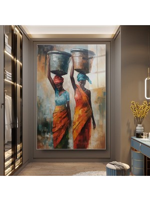 idora Başında Kap Taşıyan Iki Kadın Cam Tablo | Renkli Figüratif Modern Sanat