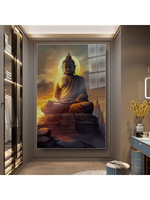 idora Buddha Heykeli Gün Doğumu Cam Tablo – Dikey Duvar Dekoru | Cam Tablo | Modern Duvar Dekoru