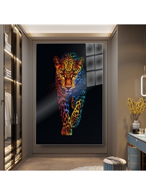 idora Neon Renkli Leopar Cam Tablo – Modern Hayvan Dekoru | Cam Tablo | Modern Duvar Dekoru