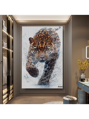 idora Su Içinde Koşan Leopar Cam Tablo – Dinamik Vahşi Doğa Dekoru | Cam Tablo | Modern Duvar Dekoru