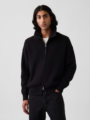 Gap Erkek Siyah Oversized Ikili Fermuarlı Triko Hırka