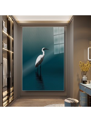 idora Beyaz Balıkçıl Cam Tablo – Minimalist Doğa Dekoru | Cam Tablo | Modern Duvar Dekoru