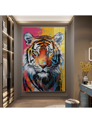 idora Önden Kaplan Portresi Pop-Art Temperli Cam Tablo | Dikey Renkli Duvar Sanatı