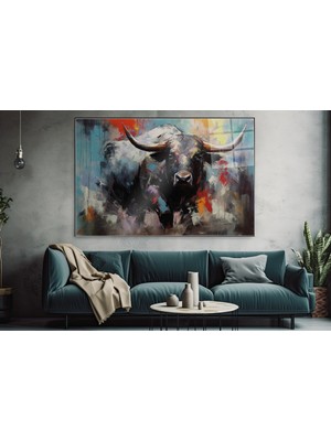 idora Geniş Boynuzlu Boğa Cam Tablo | Soyut Modern Sanat Dekorasyonu | Cam Tablo | Modern Duvar Dekoru