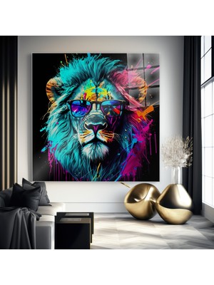idora Renkli Gözlüklü Aslan Cam Tablo – Pop Art Modern Dekorasyon | Cam Tablo | Modern Duvar Dekoru