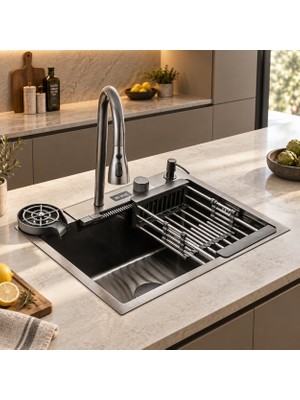 Vievo Aura 60CM Akıllı Eviye Dijital Sıcaklık Göstergeli, Sabunluk, Bardak Yıkama ve Sepet Dahil