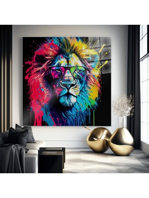 idora Güneş Gözlüklü Aslan Pop Art Cam Tablo – Neon Renkli Kare Duvar Dekoru