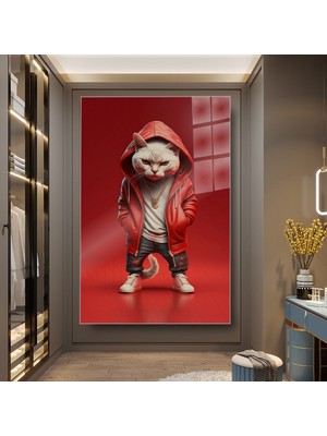 idora Kapüşonlu Kedi Cam Tablo – Modern ve Eğlenceli Hayvan Dekoru | Cam Tablo | Modern Duvar Dekoru