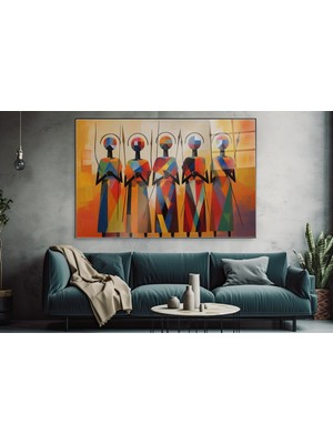 idora Beş Stilize Figürlü Geometrik Soyut Sanat Cam Tablo | Cam Tablo | Modern Duvar Dekoru