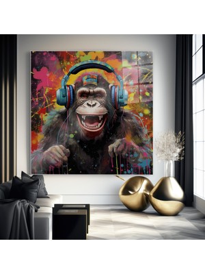 idora Kulaklıklı Şempanze Cam Tablo – Renkli Pop Art ve Graffiti Esintili Dekorasyon