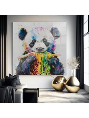 idora Renkli Iplik Tutan Panda Cam Tablo – Suluboya Hayvan Dekoru | Cam Tablo | Modern Duvar Dekoru