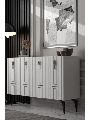 Dekortis Home Dekor 120DHDK13BG Loren Lazer Desen Çizgili Konsol Beyaz-Gümüş
