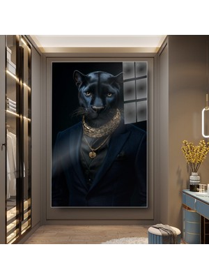 idora Takım Elbiseli Siyah Panter Cam Tablo | Dikey Modern Duvar Sanatı | Cam Tablo | Modern Duvar Dekoru