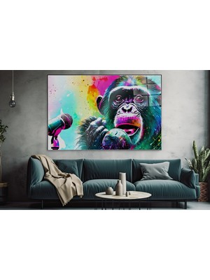 idora Renkli Şempanze ve Mikrofon Cam Tablo – Neon Pop Art Hayvan Dekoru | Cam Tablo | Modern Duvar Dekoru