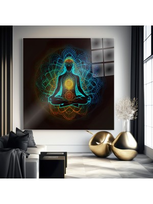 idora Lotus Pozisyonunda Meditasyon Figürü Neon Mandala Cam Tablo | Cam Tablo | Modern Duvar Dekoru