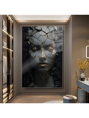 idora Çatlak Yüz Portresi Cam Tablo | Altın Detaylı Modern Sanat Dekoru | Cam Tablo | Modern Duvar Dekoru
