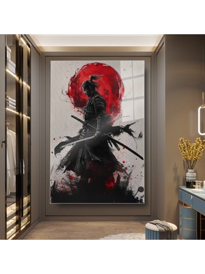 idora Samuray Savaşçısı Cam Tablo – Kırmızı Güneşli Japon Esintili Modern Sanat