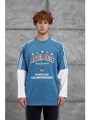 Nomarc Erkek Sweatshirt Asterpıece Mavi Oversize Baskılı