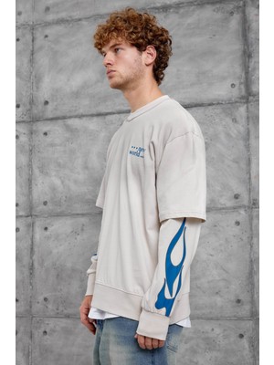 Nomarc Erkek Sweatshirt Kolu Alev Krem Oversize Baskılı