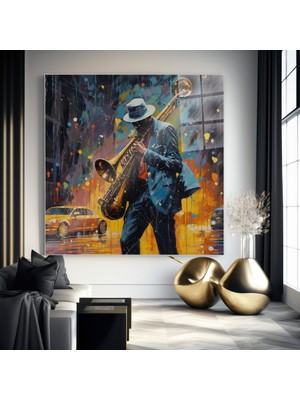 idora Saksafon Çalan Müzisyen Cam Tablo – Yağmurlu Şehirde Enerjik Modern Sanat
