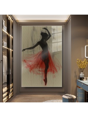 idora Kırmızı Etekli Dansçı Figürü Dikey Cam Tablo | Modern Soyut Duvar Sanatı