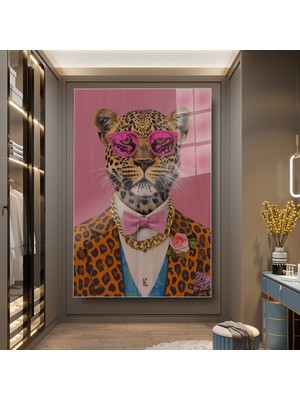 idora Pembe Gözlüklü Papyonlu Leopar Portresi Cam Tablo | Cam Tablo | Modern Duvar Dekoru