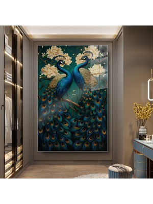 idora Çift Tavus Kuşu Cam Tablo – Art Nouveau Esintili Botanik Dekorasyon | Cam Tablo | Modern Duvar Dekoru