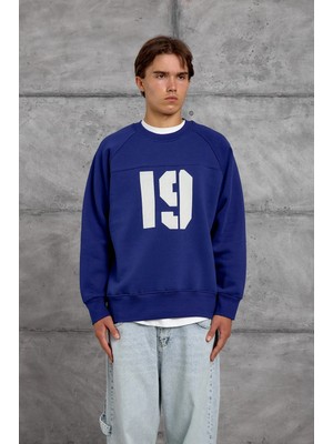 Nomarc Mavi 19 Baskılı Oversıze Şardonlu Sweatshırt