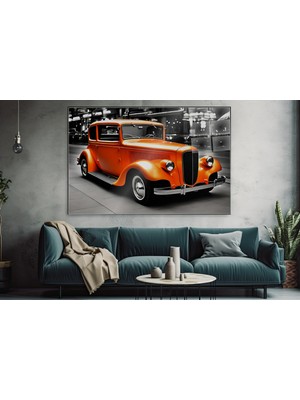 idora Turuncu Klasik Otomobil Cam Tablo | Vintage Garaj ve Retro Dekorasyon | Cam Tablo | Modern Duvar Dekoru