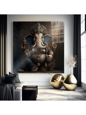idora Ganesha Figürlü Kare Cam Tablo, Bronz ve Altın Tonlarda Manevi Duvar Dekoru