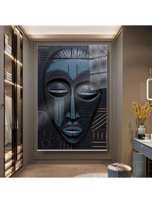idora Geometrik Maske Yüzü Dikey Cam Tablo – Lacivert ve Bakır Detaylı Modern Duvar Sanatı