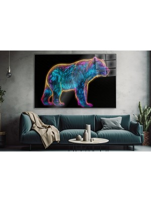 idora Neon Çizgili Ayı Figürü Yatay Temperli Cam Tablo | Cam Tablo | Modern Duvar Dekoru