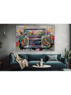 idora Retro Müzik Seti Graffiti Tasarımlı Yatay Cam Tablo | Cam Tablo | Modern Duvar Dekoru