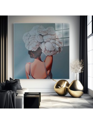 idora Arkadan Görülen Kadın ve Şakayık Çiçekleri Cam Tablo, Kare Figüratif Duvar Sanatı