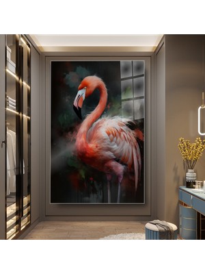 idora Flamingo Figürlü Dikey Cam Tablo – Koyu Fonlu Kırmızı ve Pembe Kuş Dekoru