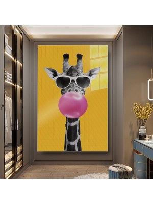 idora Beyaz Çerçeveli Gözlüklü Zürafa ve Pembe Balon Cam Tablo | Cam Tablo | Modern Duvar Dekoru