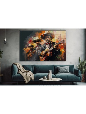idora Şapkalı Gitarist Müzisyenler Cam Tablo – Renkli Modern Sanat Duvar Dekoru