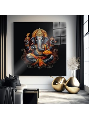 idora Ganesha Figürlü Altın Detaylı Kare Cam Tablo – Siyah Zeminli Manevi Duvar Dekoru