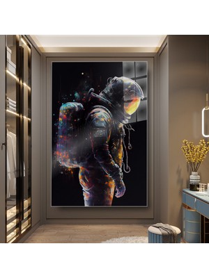 idora Astronot Figürlü Renk Sıçramalı Dikey Cam Tablo | Cam Tablo | Modern Duvar Dekoru