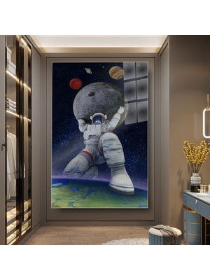 idora Astronot ve Ay Cam Tablo, Sürreal Uzay Dekoru | Cam Tablo | Modern Duvar Dekoru