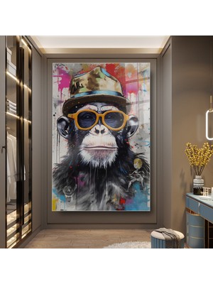idora Şapkalı ve Gözlüklü Şempanze Portresi Pop Art Dikey Cam Tablo | Cam Tablo | Modern Duvar Dekoru