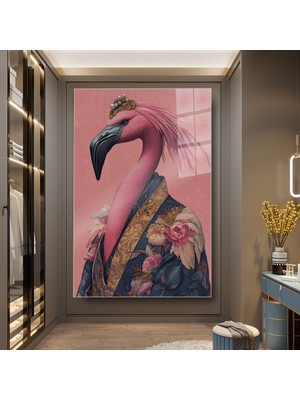idora Süslü Flamingo Portresi Dikey Temperli Cam Tablo – Pembe ve Altın Detaylı