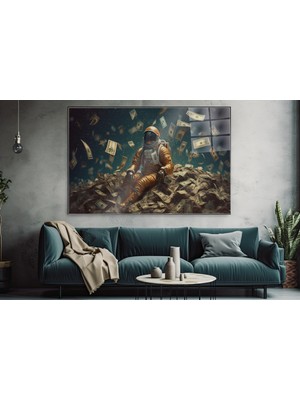 idora Astronot ve Uçuşan Banknotlar Cam Tablo | Sürreal Modern Sanat | Cam Tablo | Modern Duvar Dekoru