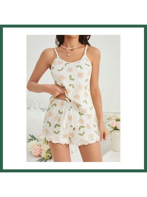 Vintessy Vıntessy Kadın Ekru Çiçek Baskılı Şortlu Gecelik Pijama Takımı 5047 · Beden: L/xl · Renk: Ekru BZS01