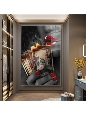 idora Alevli Dolar Banknotları ve Kırmızı Dudaklar Dikey Cam Tablo | Cam Tablo | Modern Duvar Dekoru