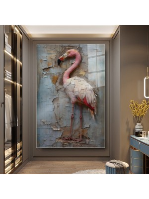 idora Pembe Flamingo ve Soyulmuş Mavi Duvar Dokusu Cam Tablo | Cam Tablo | Modern Duvar Dekoru