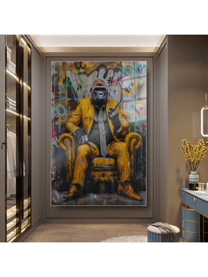 idora Turuncu Takımlı Goril Cam Tablo – Grafiti Esintili Modern Sanat | Cam Tablo | Modern Duvar Dekoru