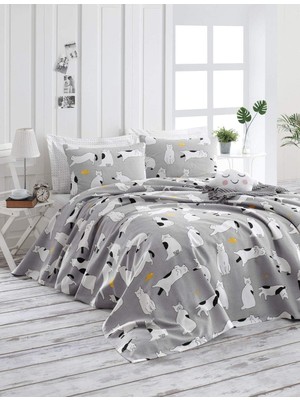 Tr Sevimli Kediler Temalı %100 Pamuk Yatak Örtüsü (Pike) Set, Tam/çift Kişilik, Gri, (4 Parça