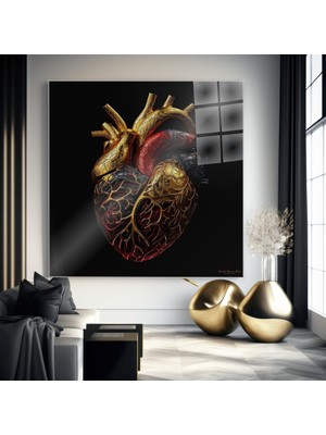 idora Anatomik Kalp Cam Tablo | Altın, Bronz ve Koyu Kırmızı Detaylı Kare Duvar Dekoru